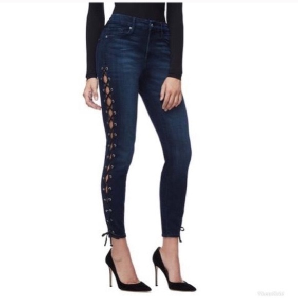 Good American Good Legs dark wash blue lace up jeans - Picture 2 of 9